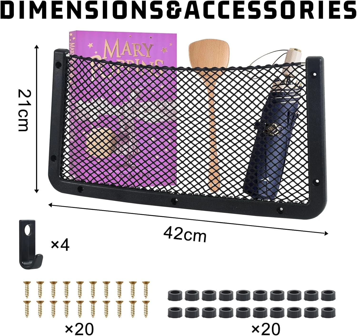 Filet de rangement de 42 × 21 cm avec fixations et exemples d’objets rangés